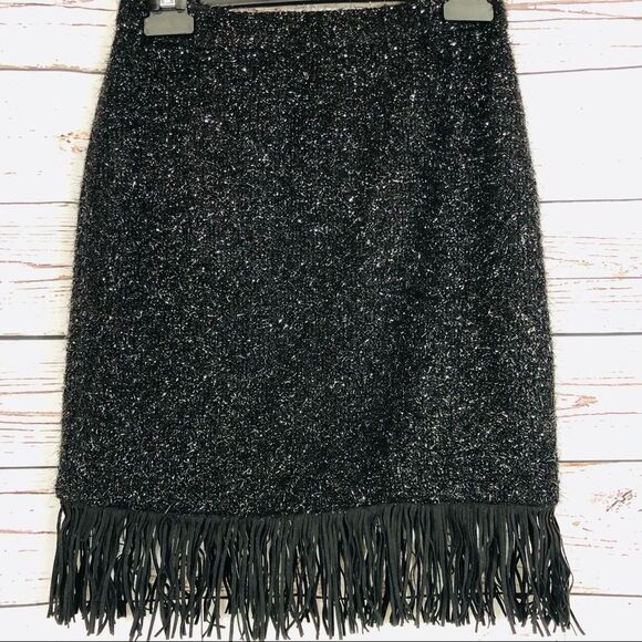 Halston Heritage Metallic Knit Skirt with Faux Leather Fringe Trim Black Sparkle - Picture 1 of 8